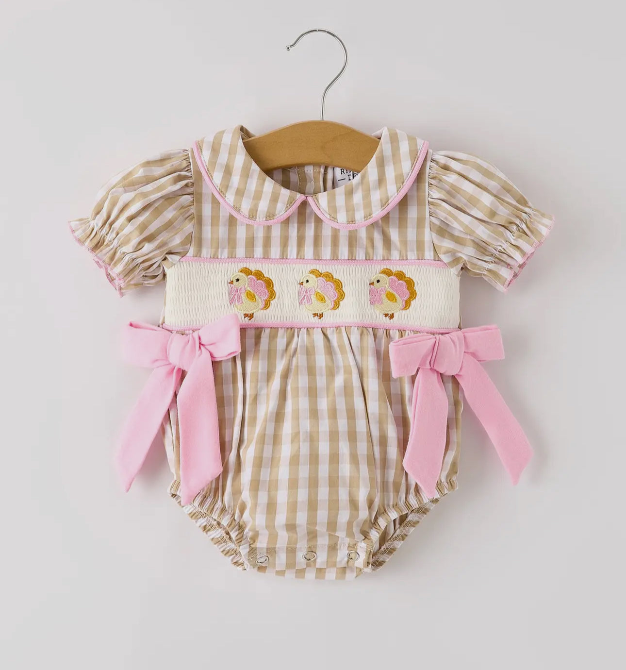 RTS- Fall Thanksgiving Lapel Plaid Chick Embroidery Smocking Bow Baby Girls Romper