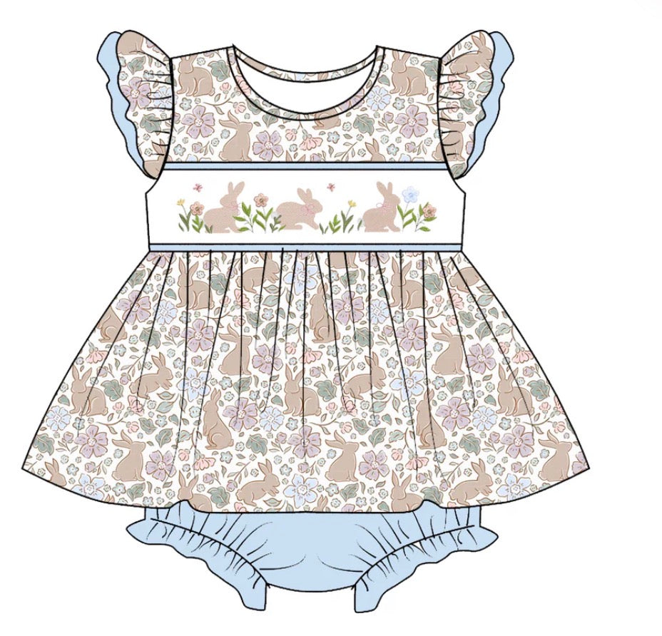 PO- EASTER BUNNY FLORAL EMBROIDERY SMOCKED ROMPER