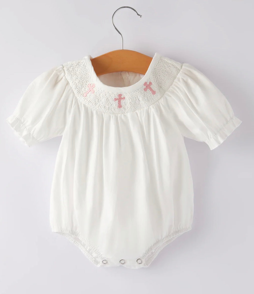 White Smocked Church Christ Bishop Christening Girls Romper