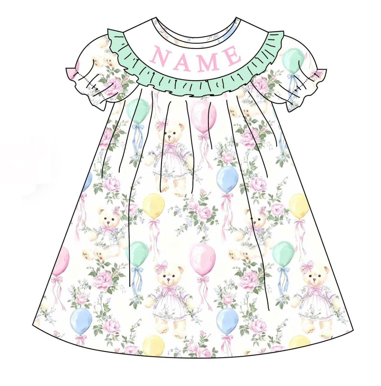 PO- CUSTOM Smocked Teddy Bear Birthday Wishes Dress