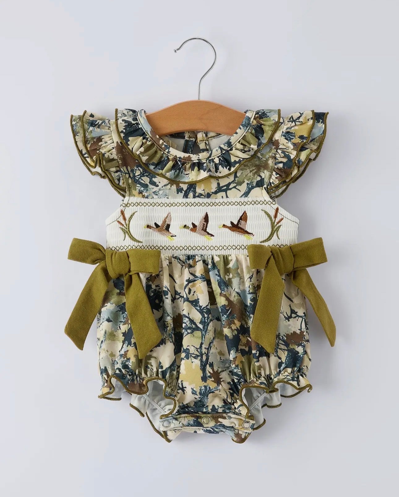 Duck Smocking Embroidery Baby Girls Camouflage Romper