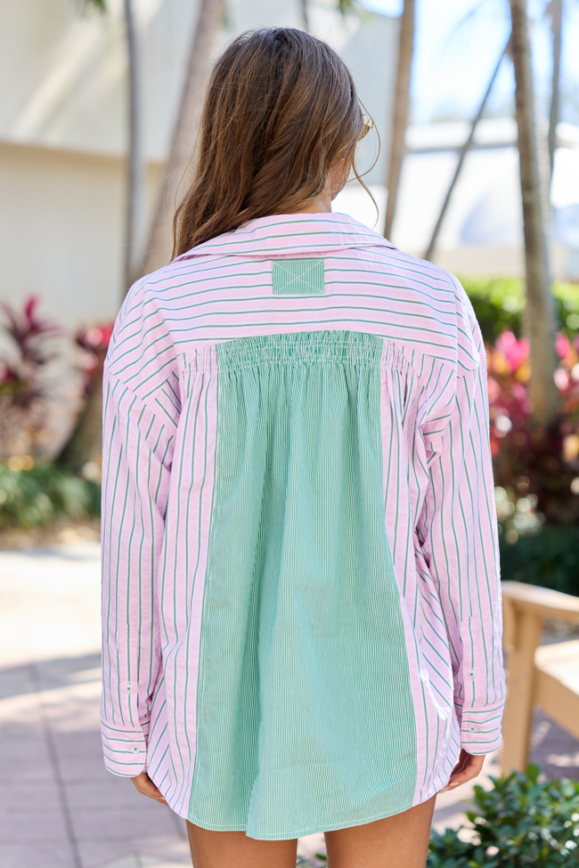Palm Grove Light Pink and Green Multi Stripe Button Down Shirt SALE