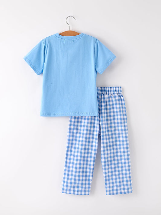 Fall Thanksgiving& Halloween Blue Pumpkin Smock Embroidery Baby Boy'Set