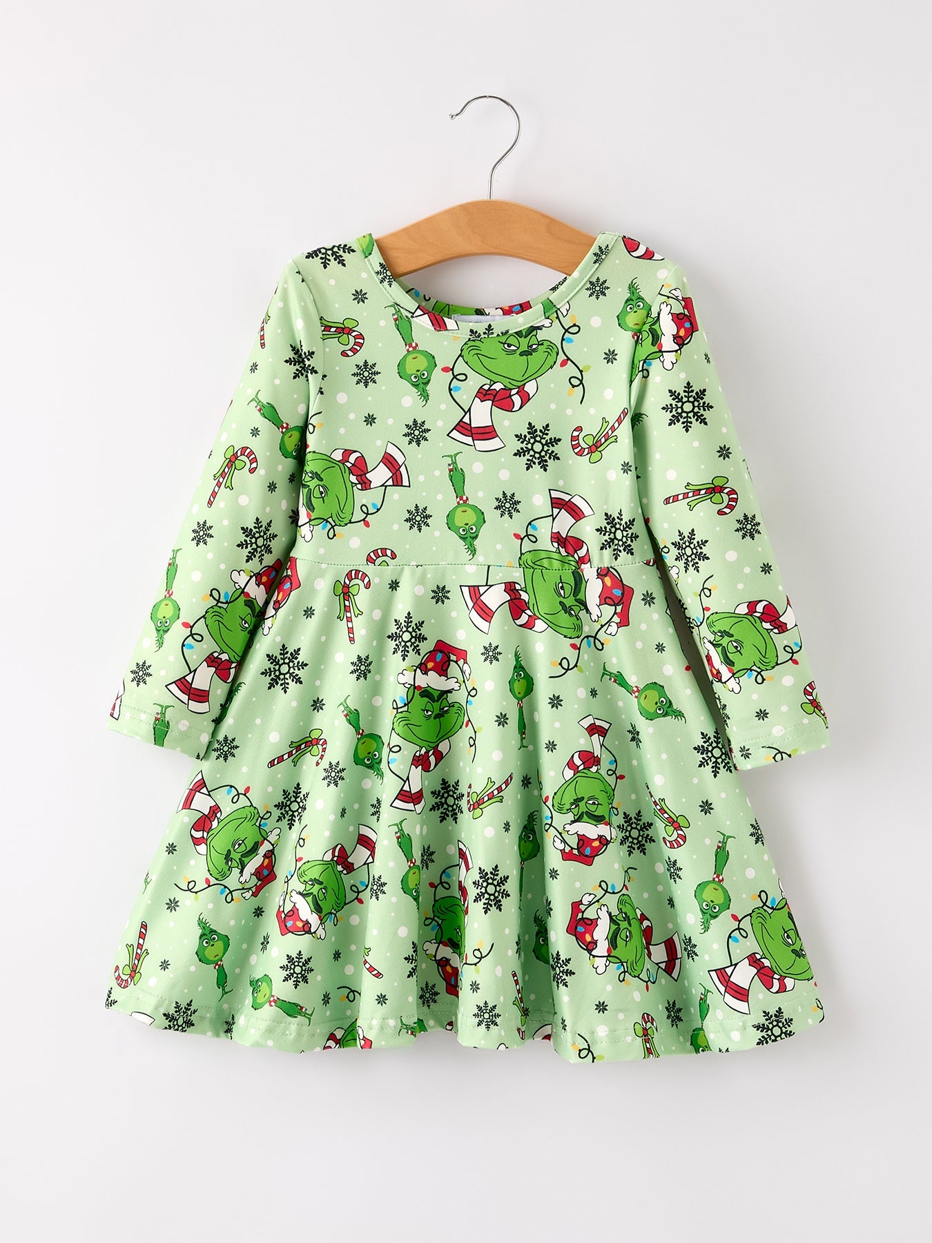 Winter Christmas Character Print Green Girls Dress