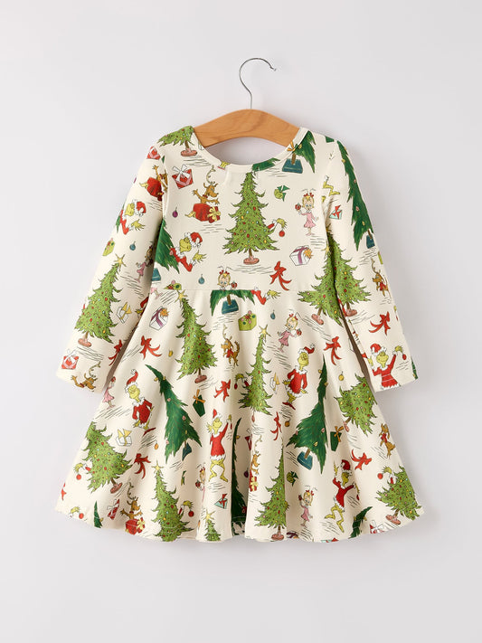 Winter Christmas Tree Character Print Green Girls Dress