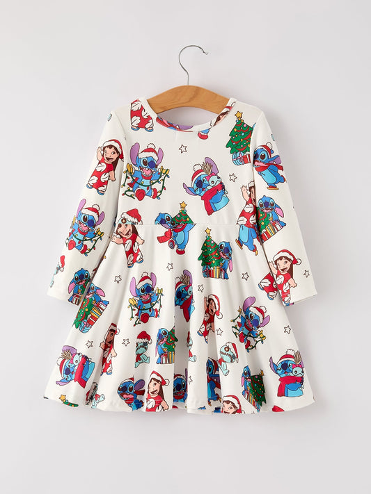 Winter Christmas Tree Character Print Girls Long Sleeve Casual Dress