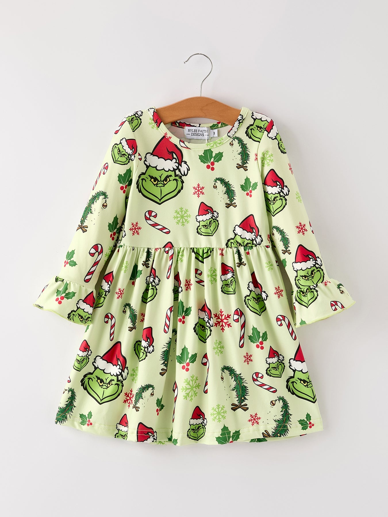 Winter Christmas Candy Cane Character Print Green Girls Dress