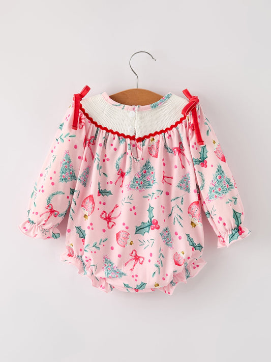 Winter Christmas Smocking Embroidery Colorful Girls Romper