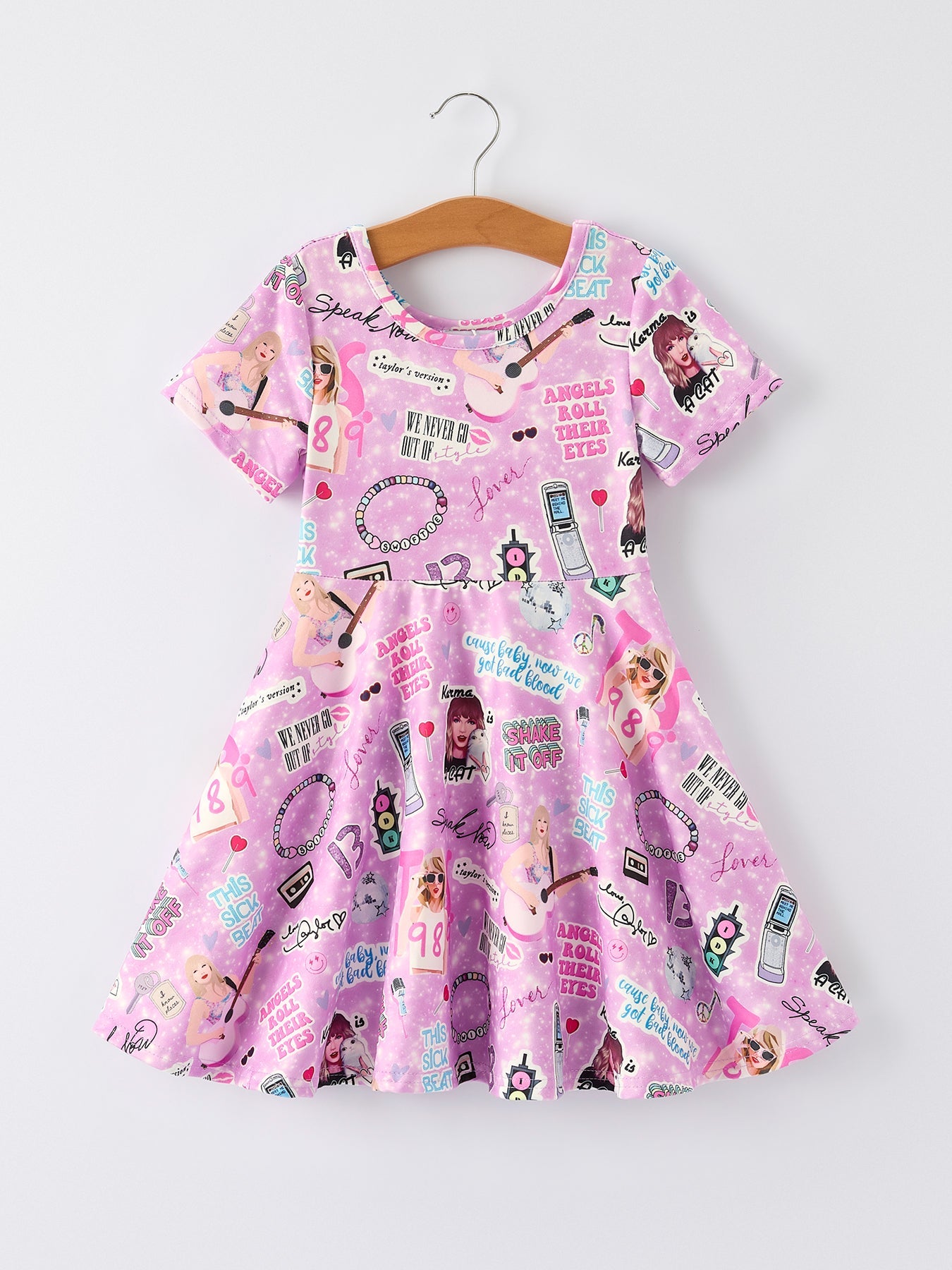 Christmas Purple Ts Twirly Print Girls Short sleeves Dress:Musical Journey in Style