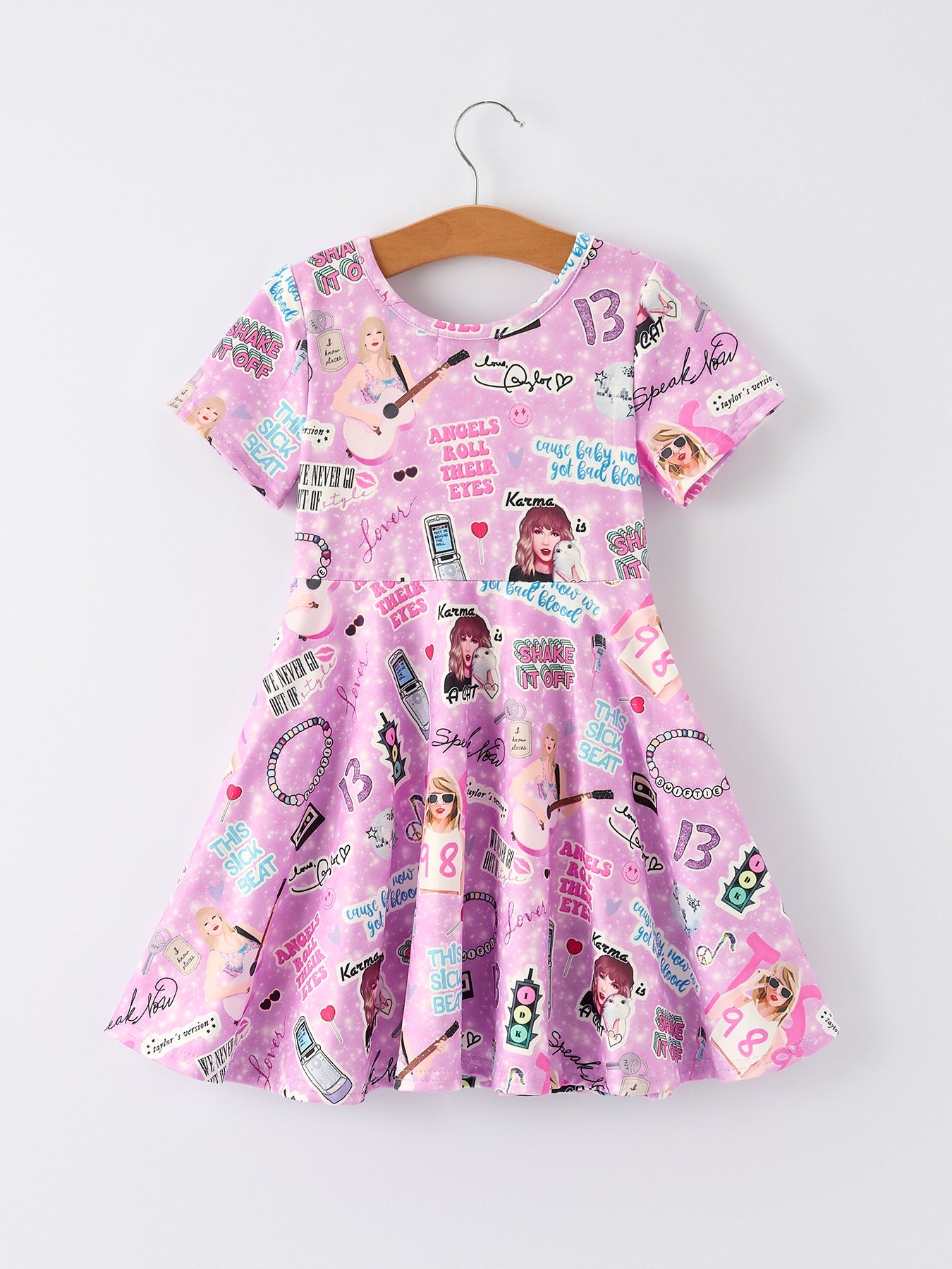 Christmas Purple Ts Twirly Print Girls Short sleeves Dress:Musical Journey in Style