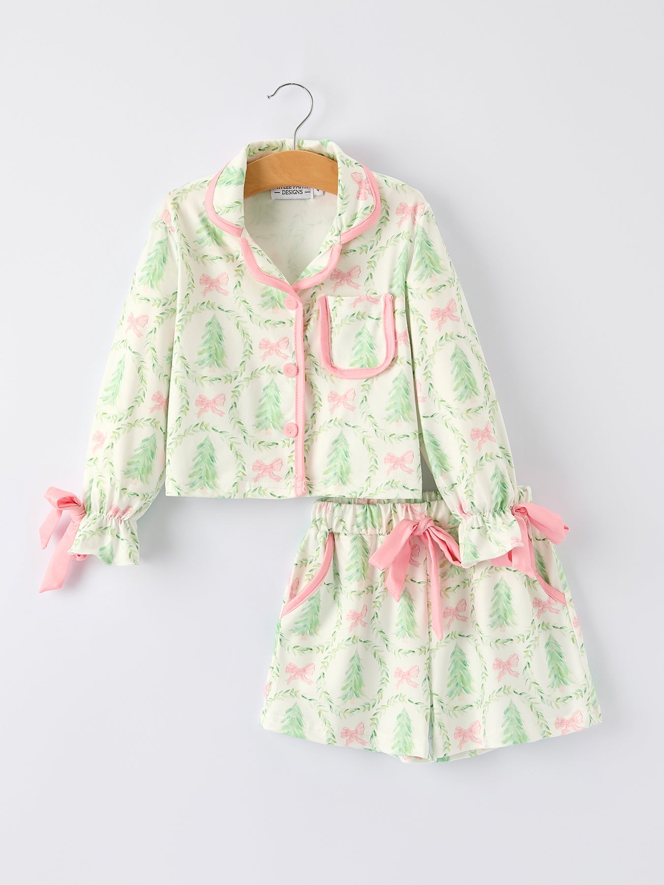 PREORDER Christmas Tree & Bow Print Girls Pajama Set
