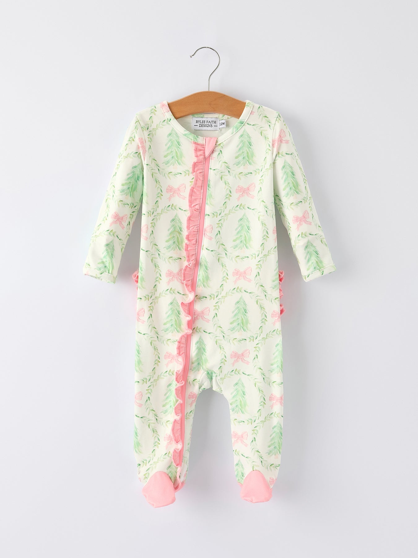 PREORDER Christmas Tree Wreath Print Long Sleeve Zip Baby Girls Romper