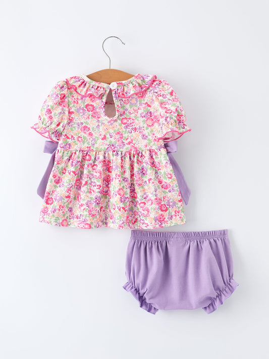 PREORDER- Easter Colorful Floral Bunny Embroidery Bow Ruffle Girl Bloomer Set