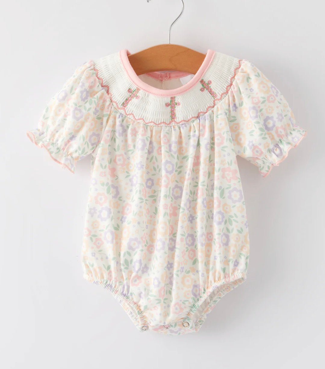 Spring Summer Cross Smocking Embroidery Colorful Romper