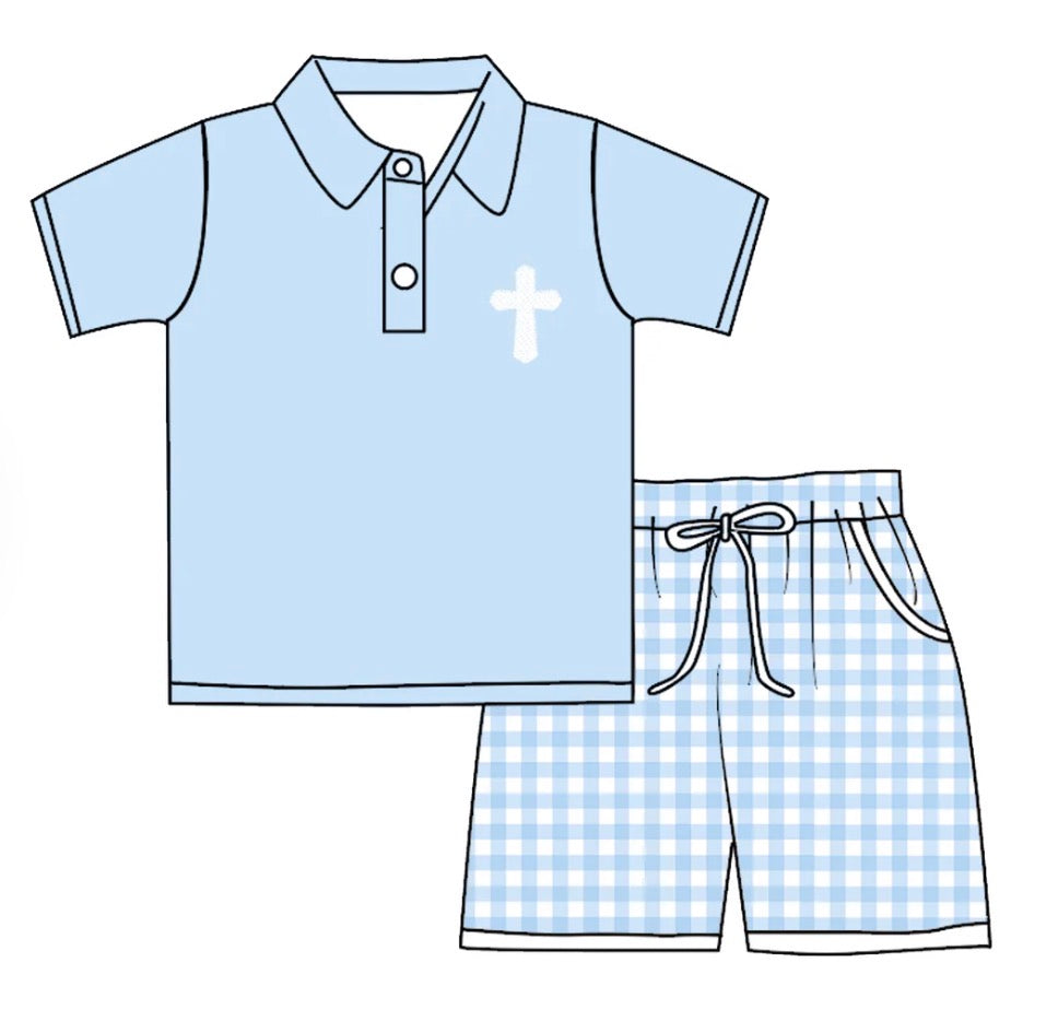 EASTER CROSS EMBROIDERY SMOCKED BOYS SHORTS SET