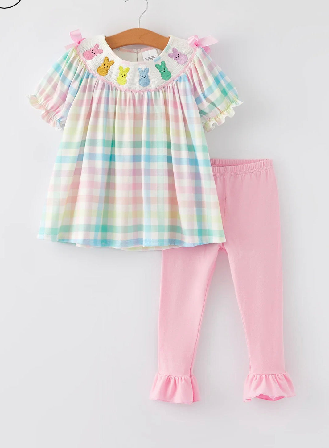Easter Bunny Embroidery Girls Pink Plaid Bow Set