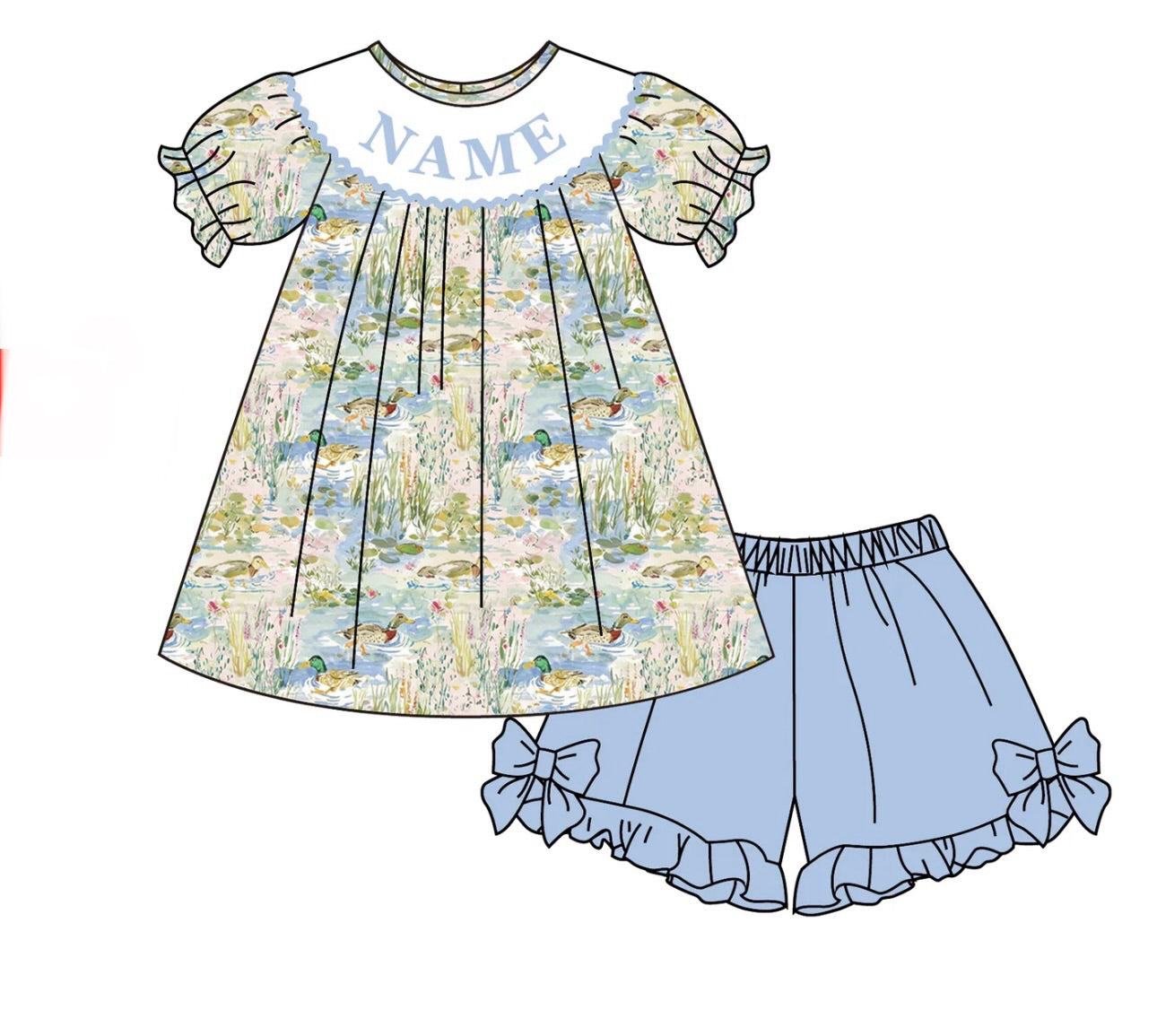 PO- Watercolor duck girls shorts set