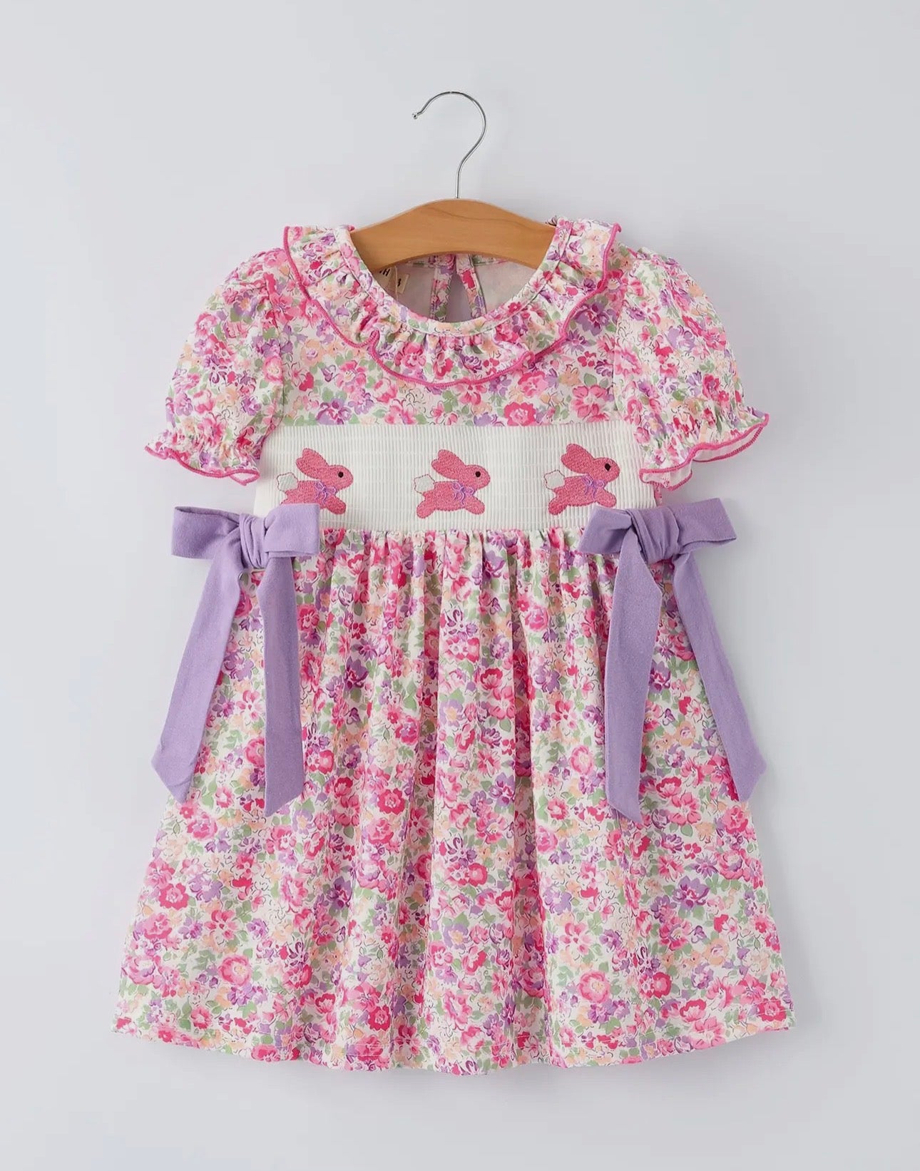 Easter Colorful Floral Bunny Embroidery Bow Ruffle Girl Dress