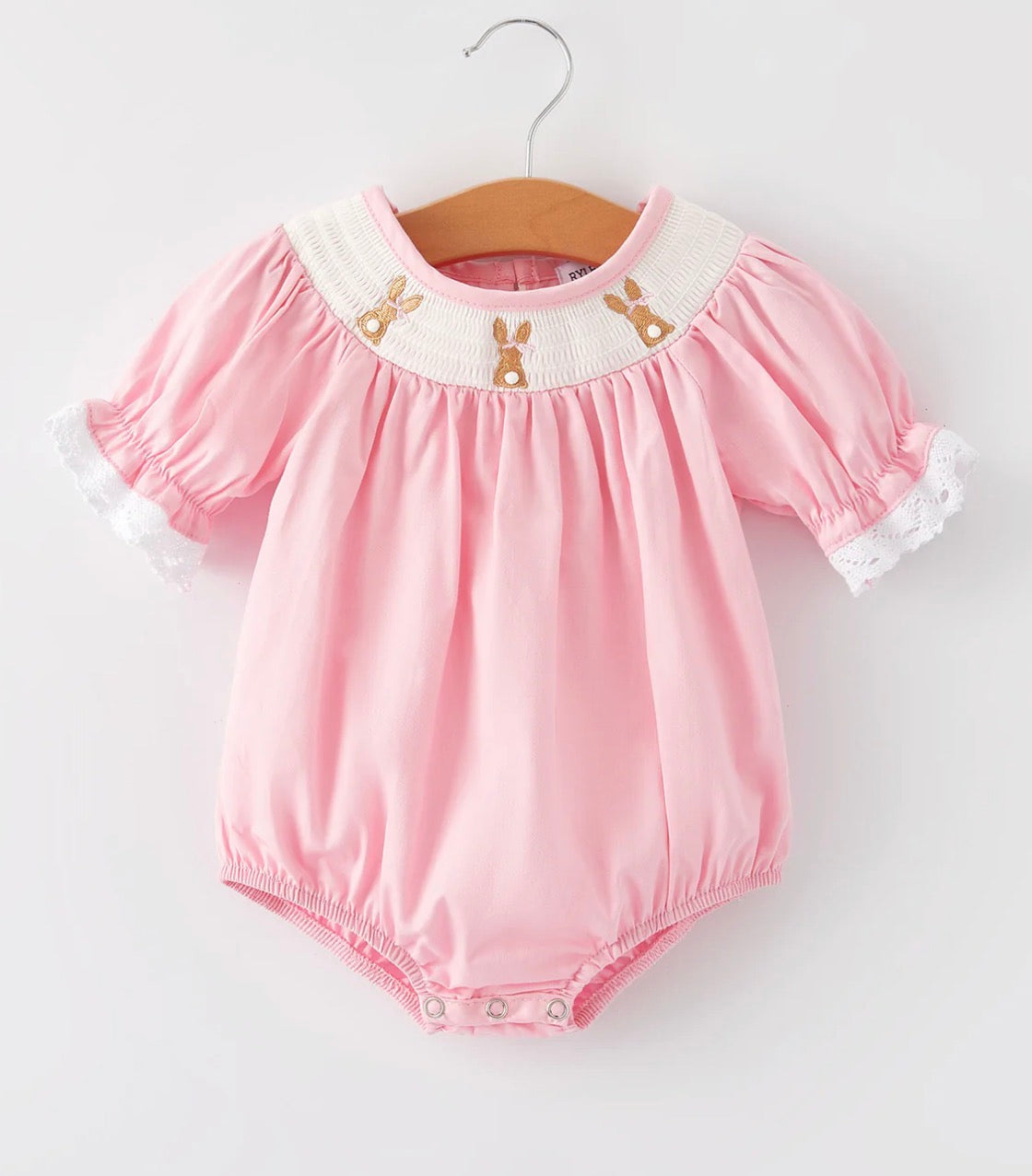 Girls Easter Bunny Smocking Embroidered Lace Cuff Pink Bubble