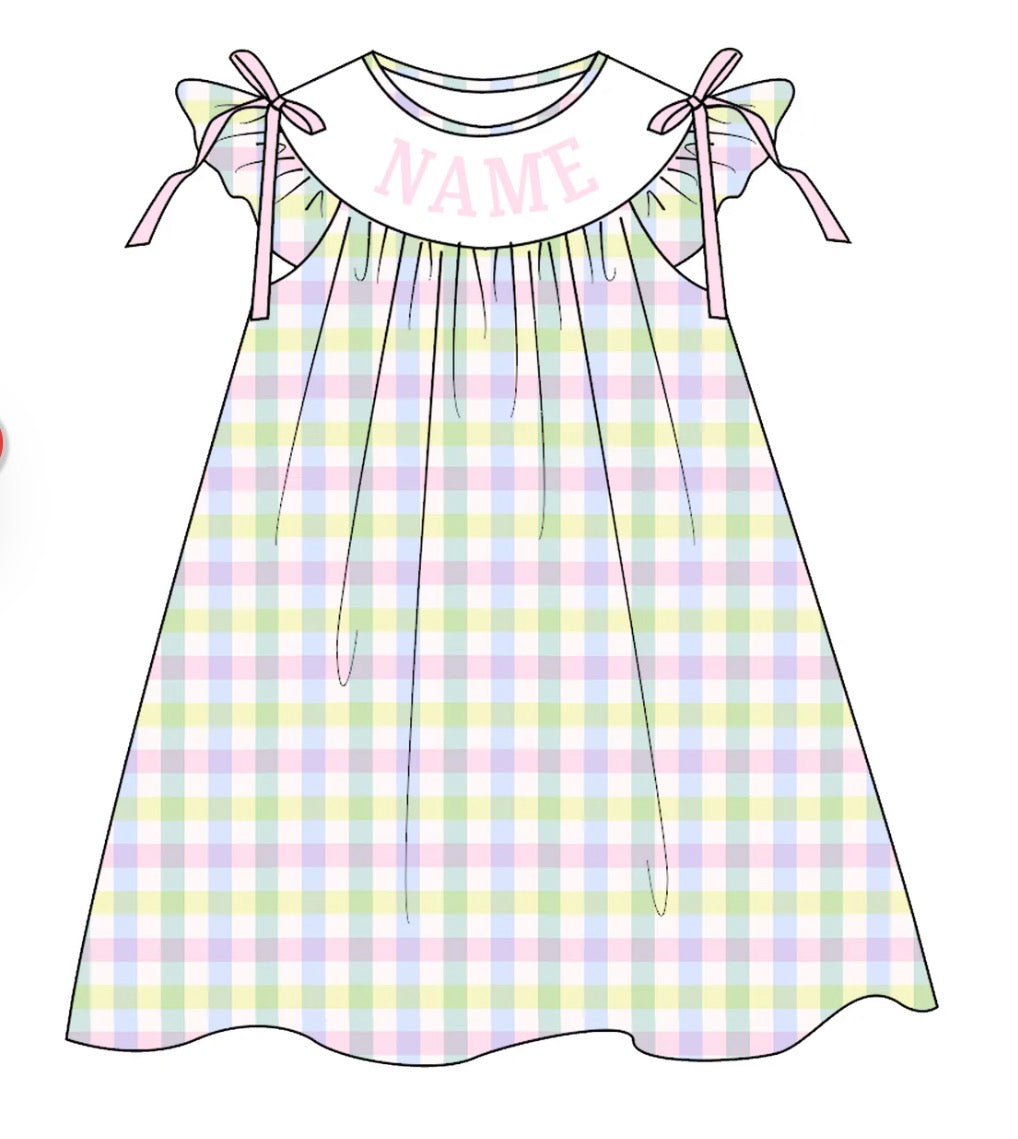 PO- CUSTOM PASTEL PLAID EASTER EMBROIDERY SMOCKED DRESS