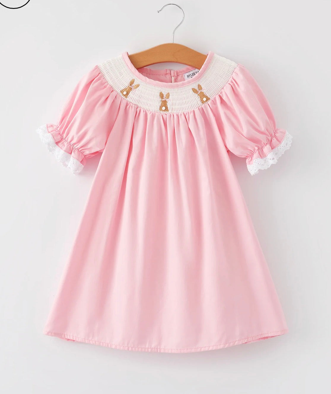 Girls Easter Bunny Smocking Embroidered Lace Cuff Pink Dress