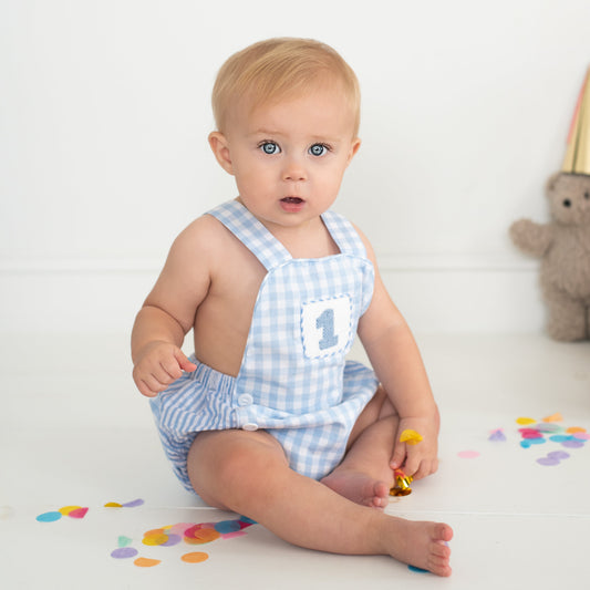 Baby Boy First Birthday Outfit – Smocked Blue Birthday Bubble
