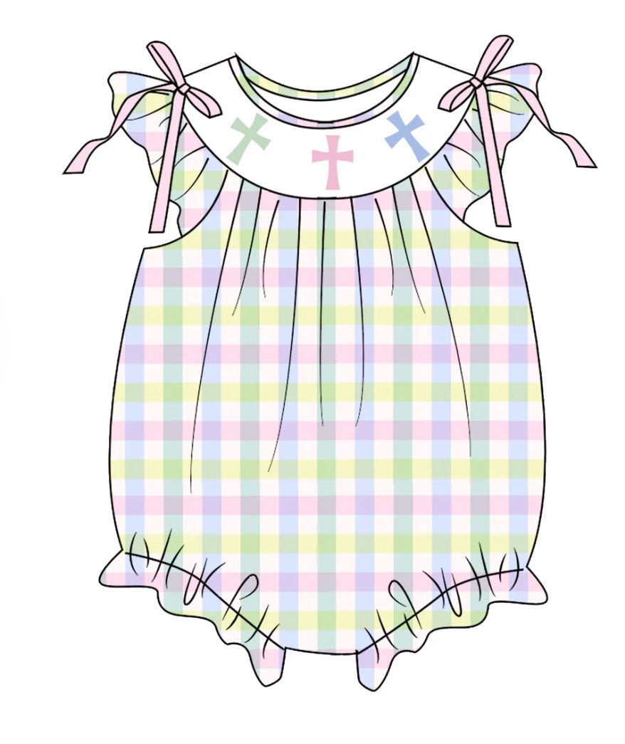 PO- PASTEL PLAID EASTER CROSS EMBROIDERY SMOCKED