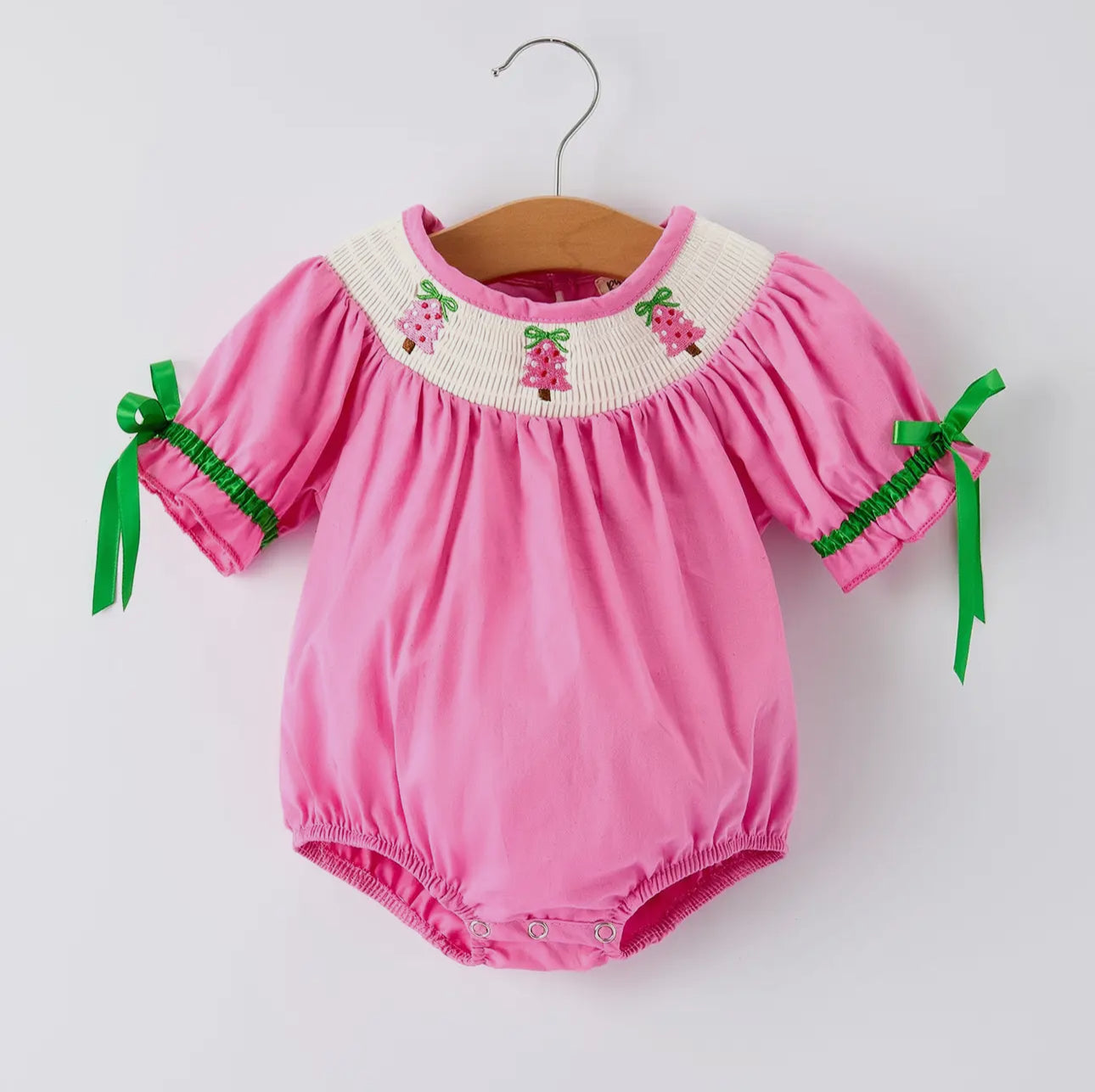 RTS- Pink Christmas Tree Smocked Bubble