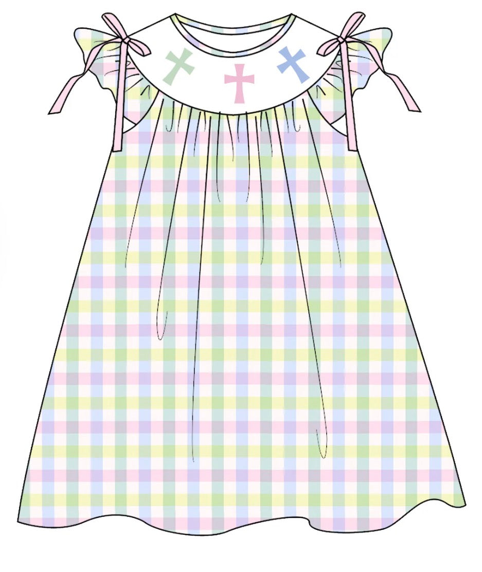 PO- PASTEL PLAID EASTER CROSS EMBROIDERY SMOCKED DRESS