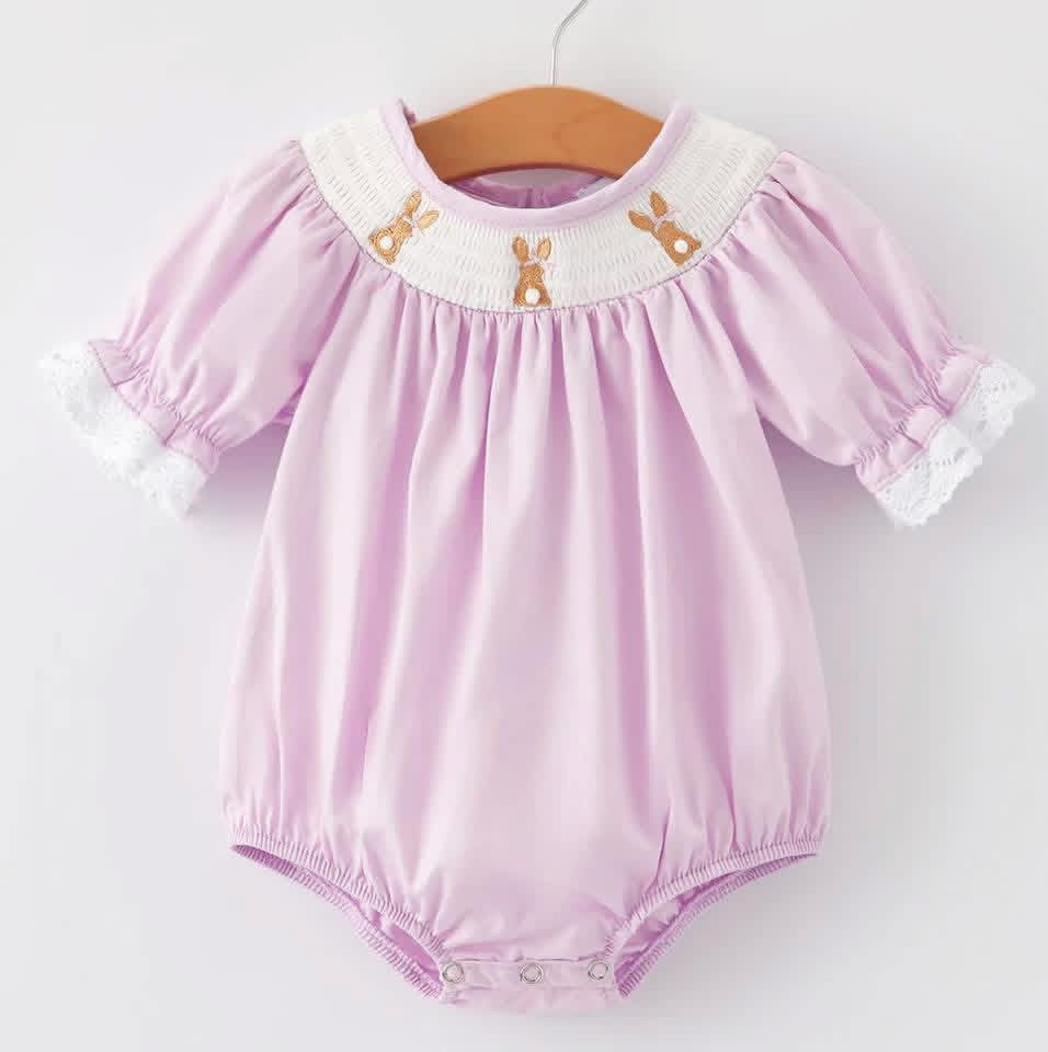 Girls Easter Bunny Smocking Embroidered Lace Cuff Purple Romper