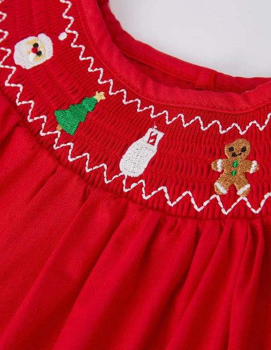 RTS- Christmas Gingerbread Embroidery Red Girls Dress with Bows