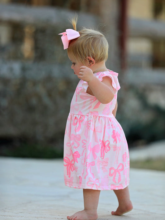 Bow Print Flying Sleeve Girls Dress