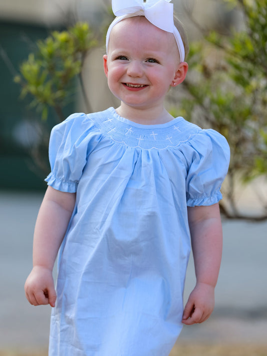 Girls Cross Smocking Embroidered Blue Dress.