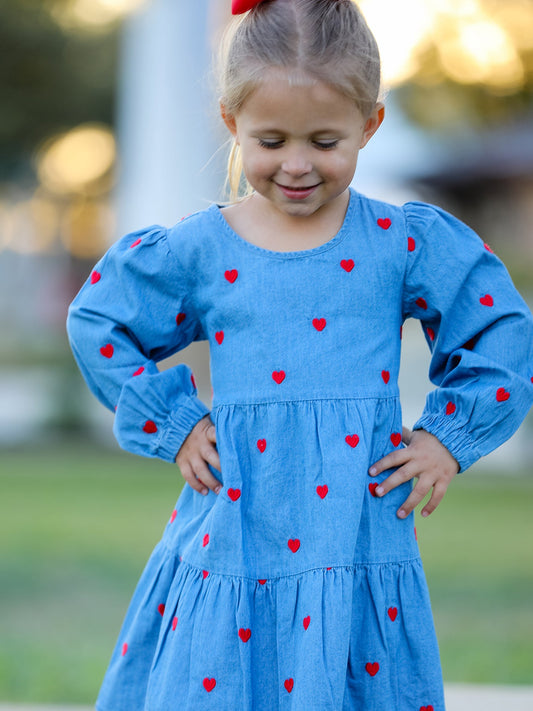 Valentine Girls Heart Embroidered Denim Dress