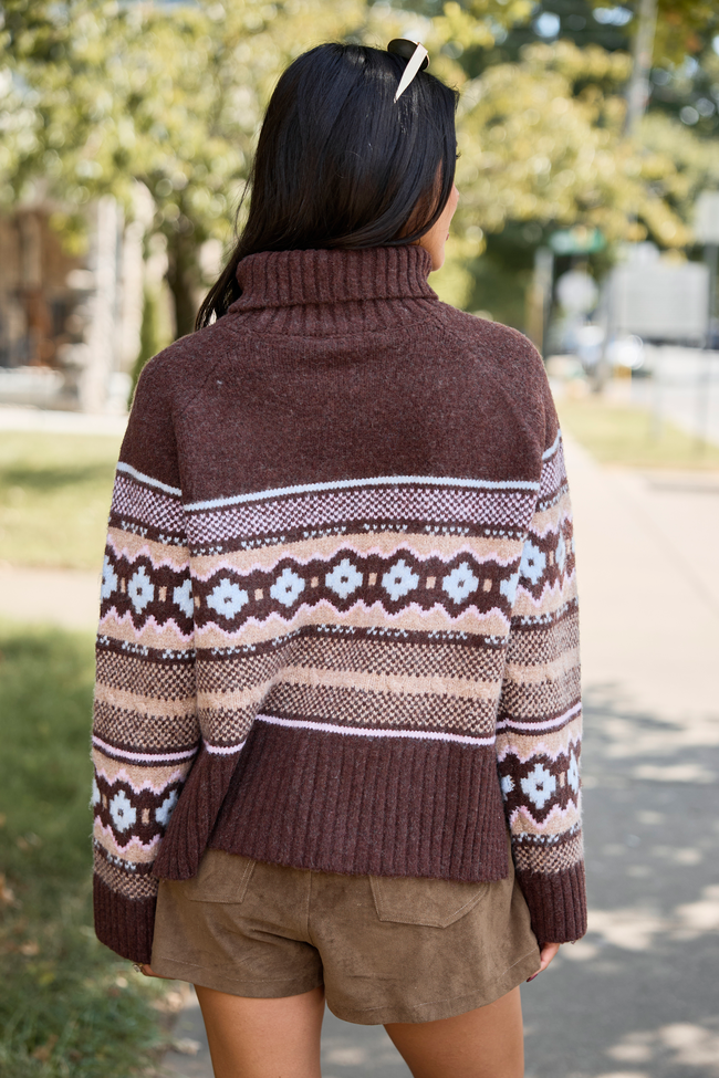 Winter Cottage Cropped Fair Isle Turtleneck Sweater Brown/Pink