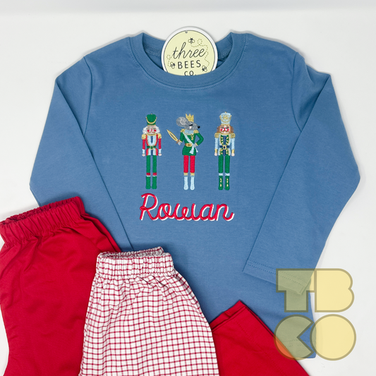 Christmas Nutcracker Trio Embroidery Boys Long Sleeve Shirt