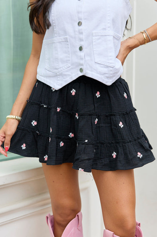 Through The Garden Black Gauze Floral Mini Skort