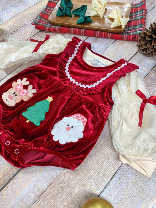 Jolly Red Velvet Smocked Infant Girl's Romper - FINAL SALE