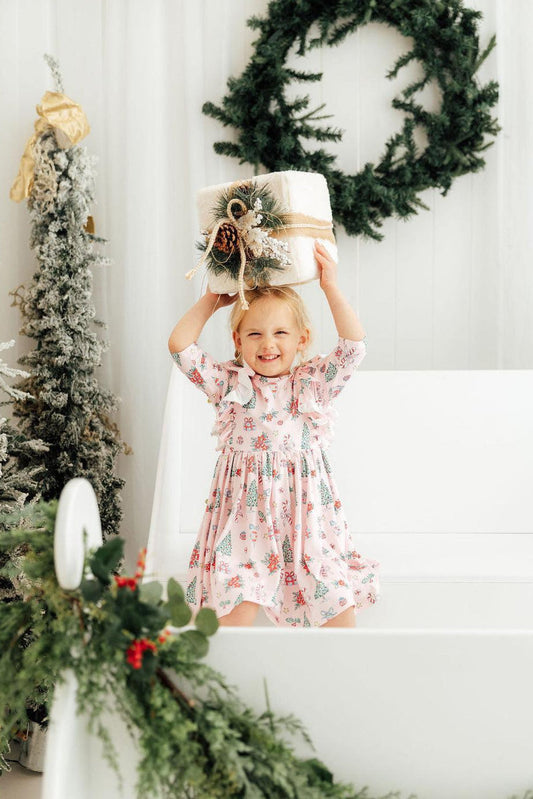 Pink Christmas 3/4 Sleeve Ruffle Twirl Dress