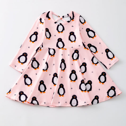 Pink Penguin Christmas Twirl Dress