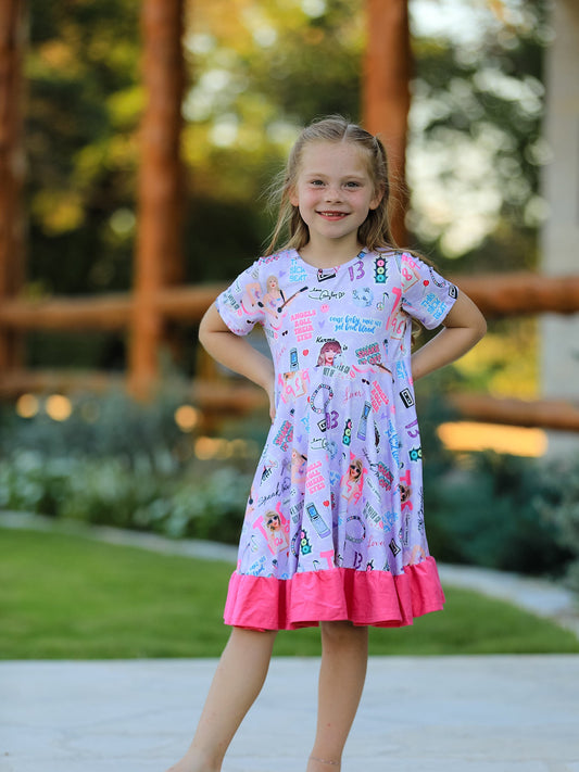 Purple TS Print Ruffle Girls' Short Sleeve Dress