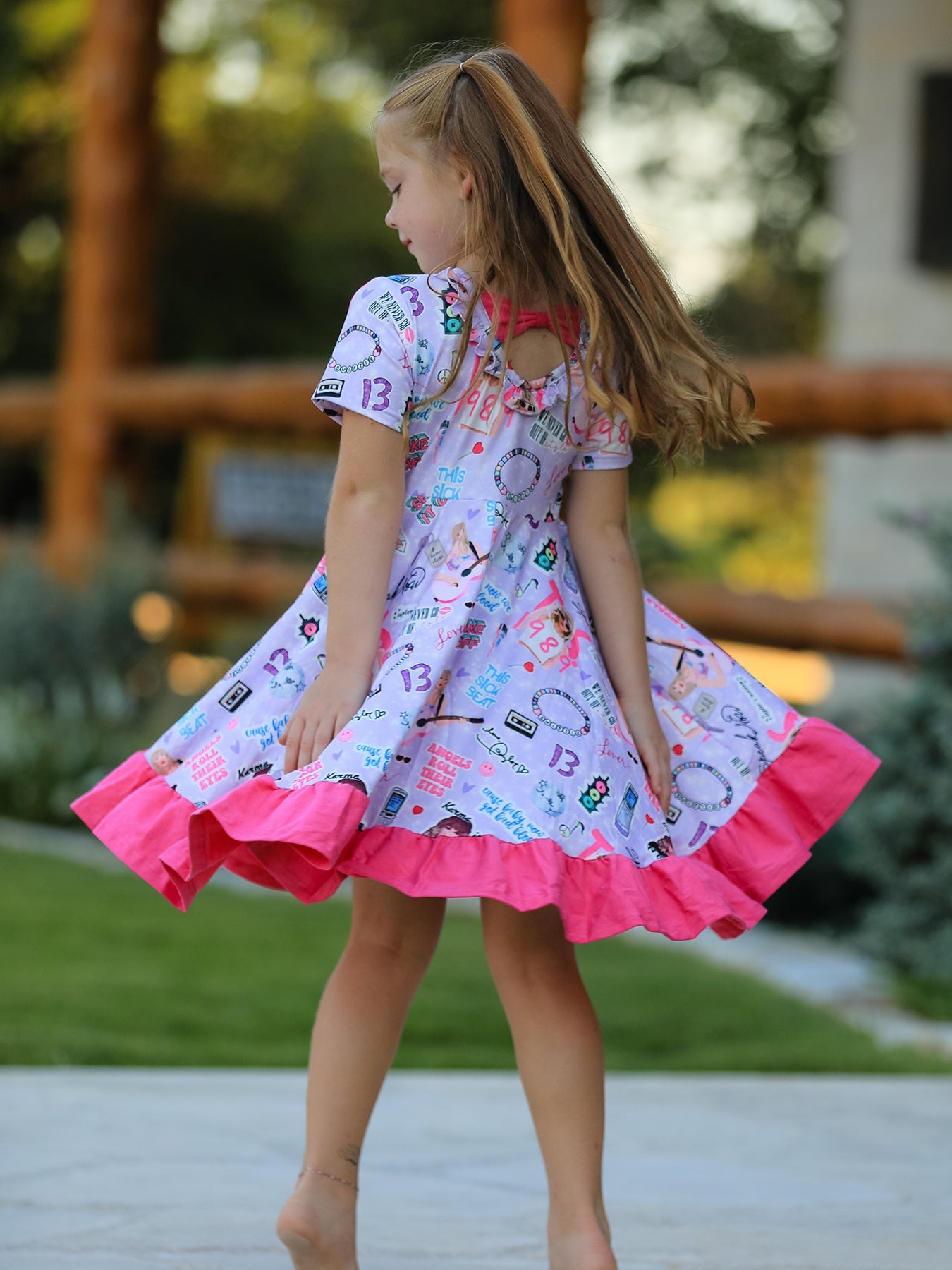 Purple TS Print Ruffle Girls' Short Sleeve Dress
