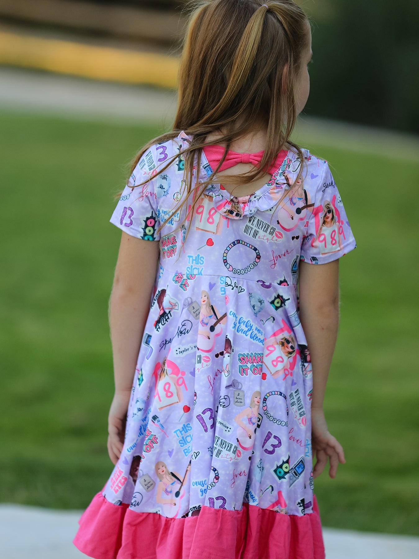 Purple TS Print Ruffle Girls' Short Sleeve Dress