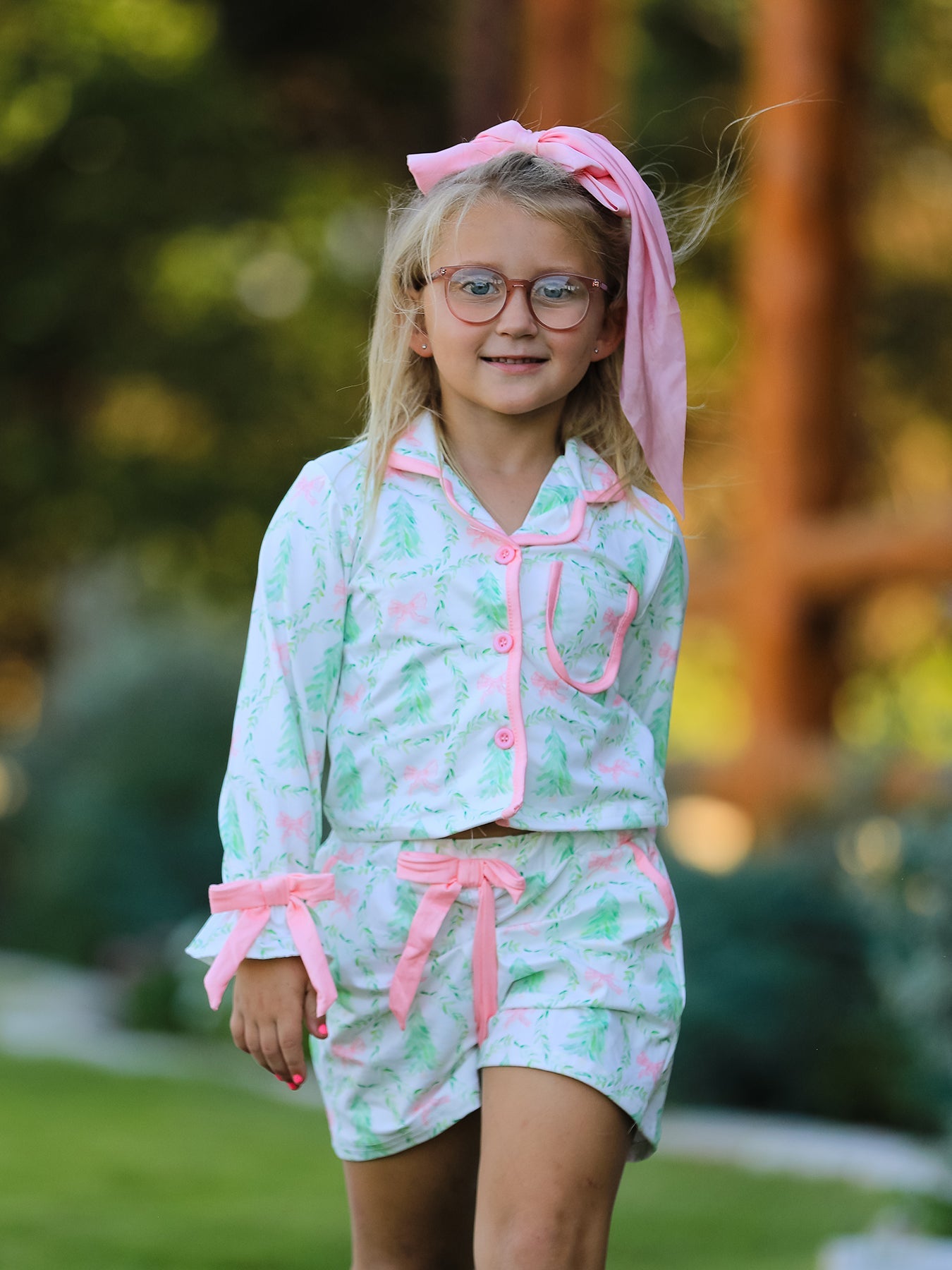 PREORDER Christmas Tree & Bow Print Girls Pajama Set