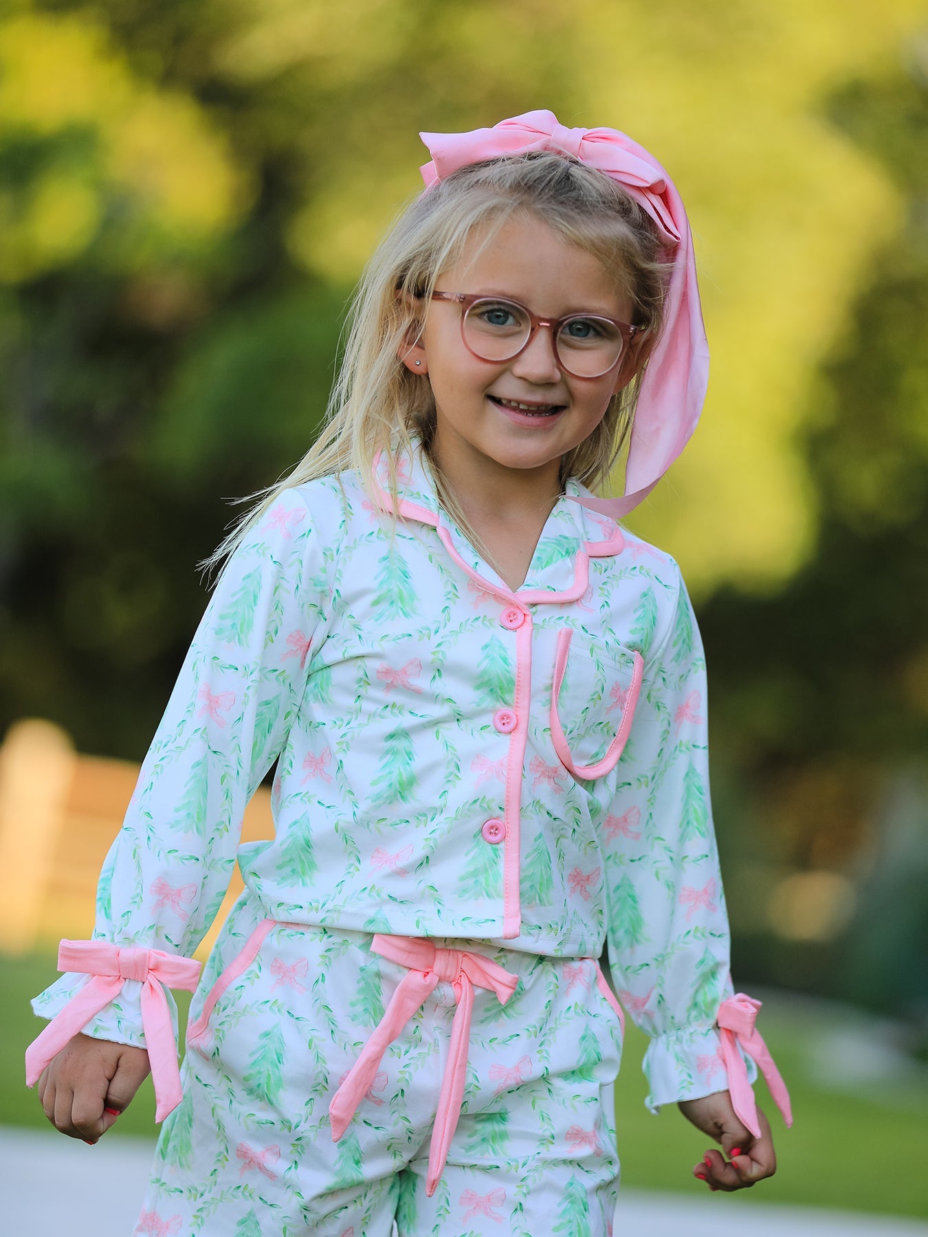 PREORDER Christmas Tree & Bow Print Girls Pajama Set