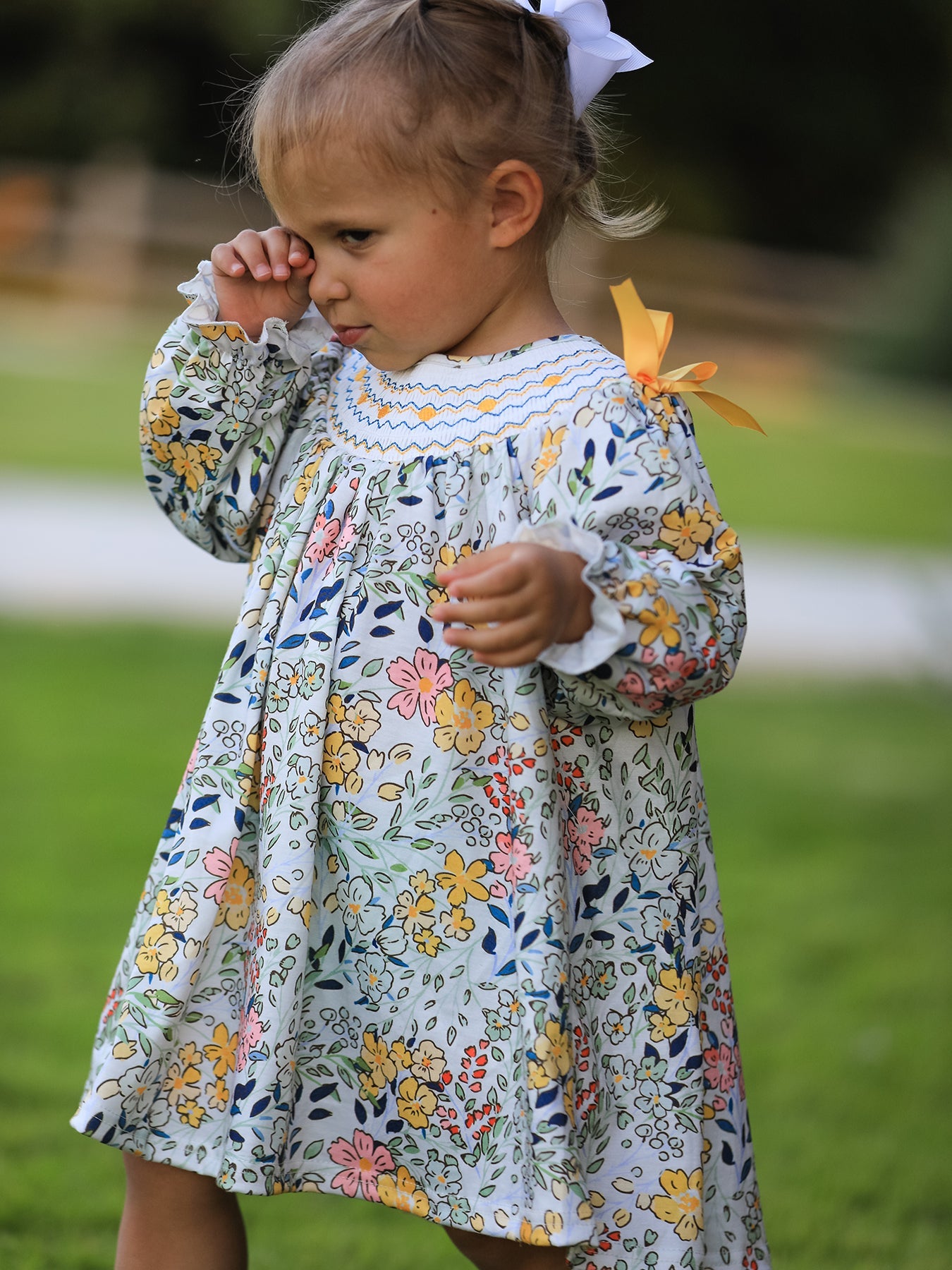 Fall Embroidery Smocking Bow Floral Leaf Baby Girls Dress