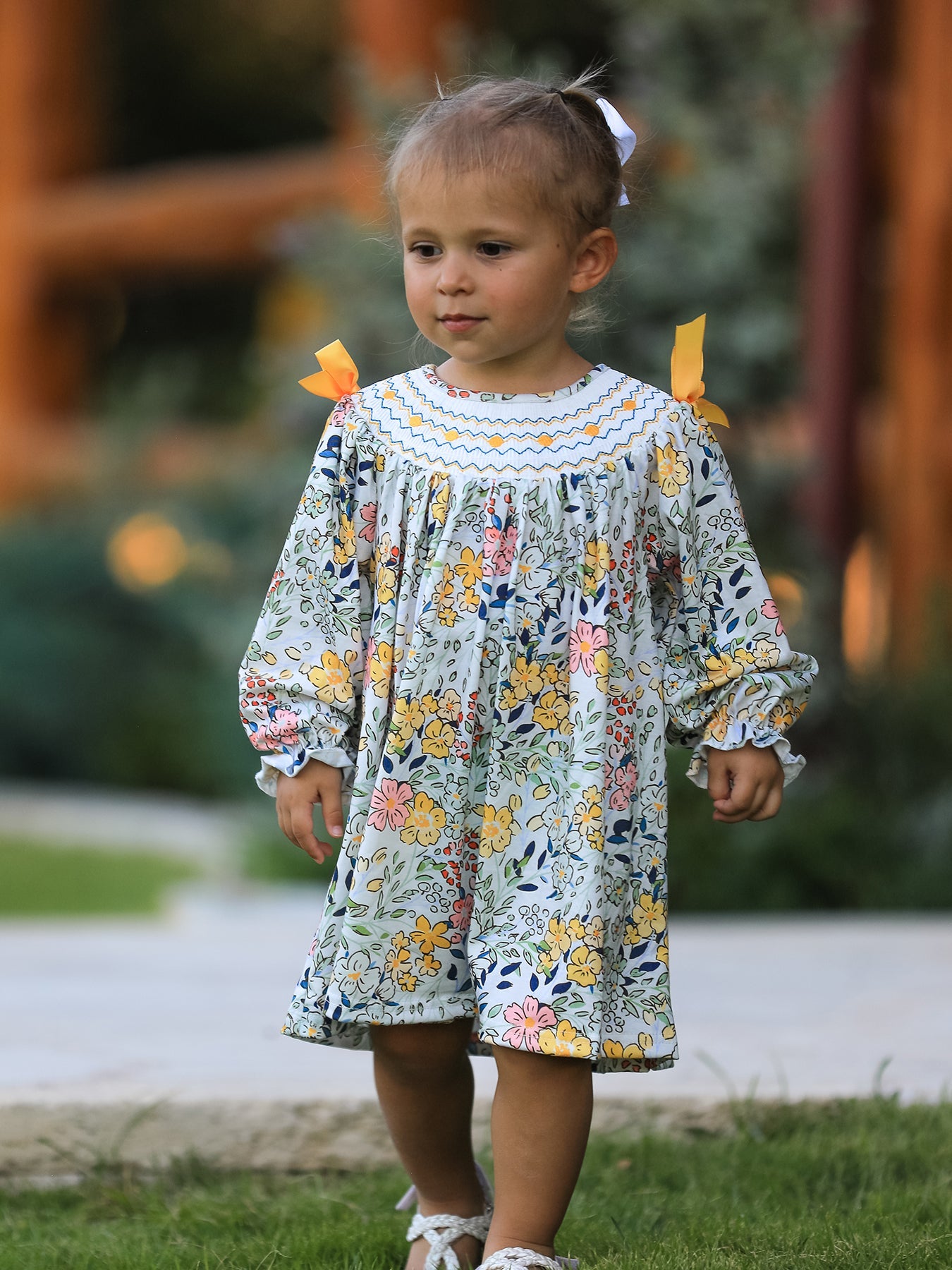 Fall Embroidery Smocking Bow Floral Leaf Baby Girls Dress