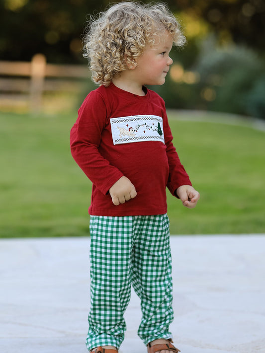 Christmas Tree Dog Smocking Embroidered Plaid Boys Set