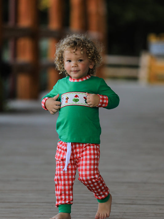 Christmas Character Candy Embroidery Green Boys Set