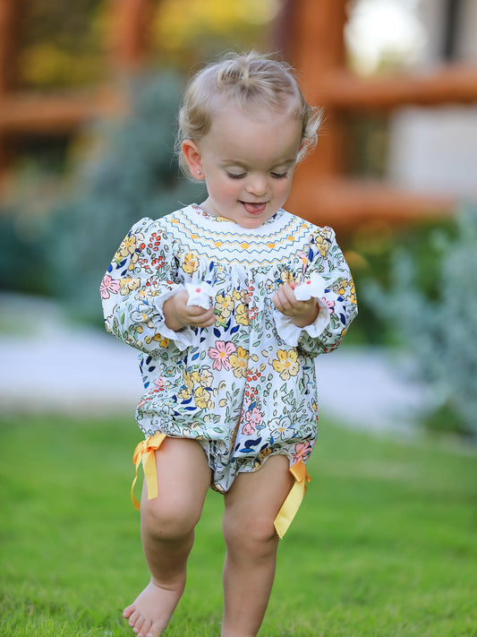 Fall Embroidery Smocking Bow Floral Leaf Baby Girls Romper